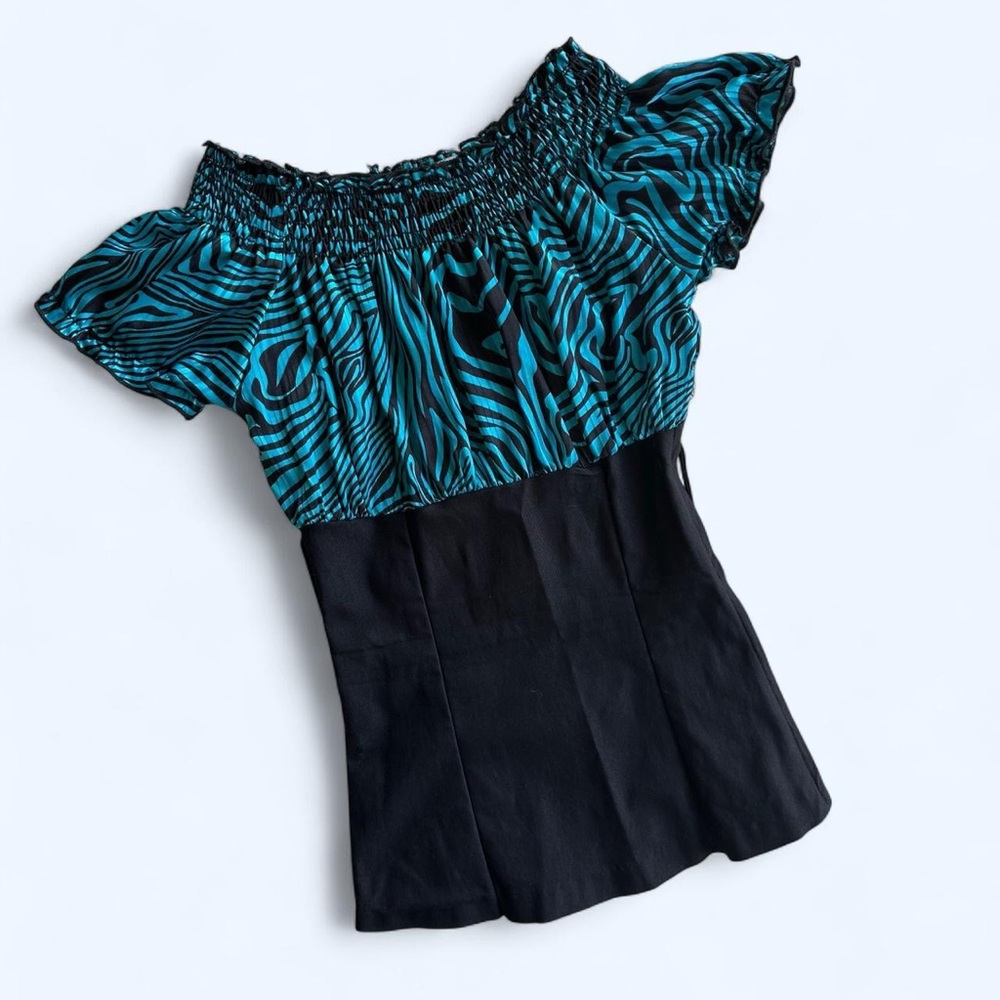 Y2K Teal Blue and Black Off-Shoulder Corset Style Babydoll Blouse Top- Small